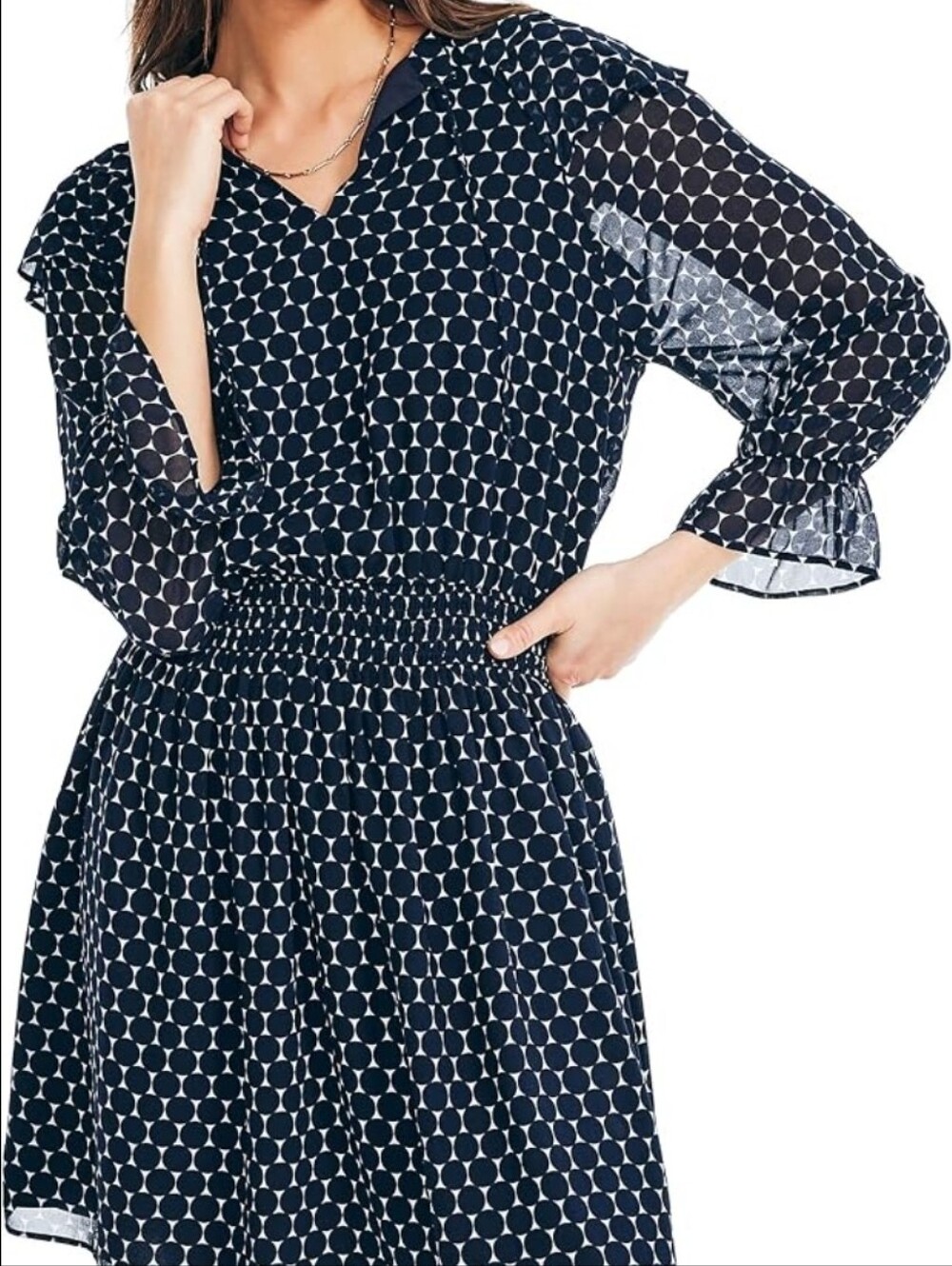 Nautica Navy White Polka Dot Long Sleeve Smocked-Waist Dress
